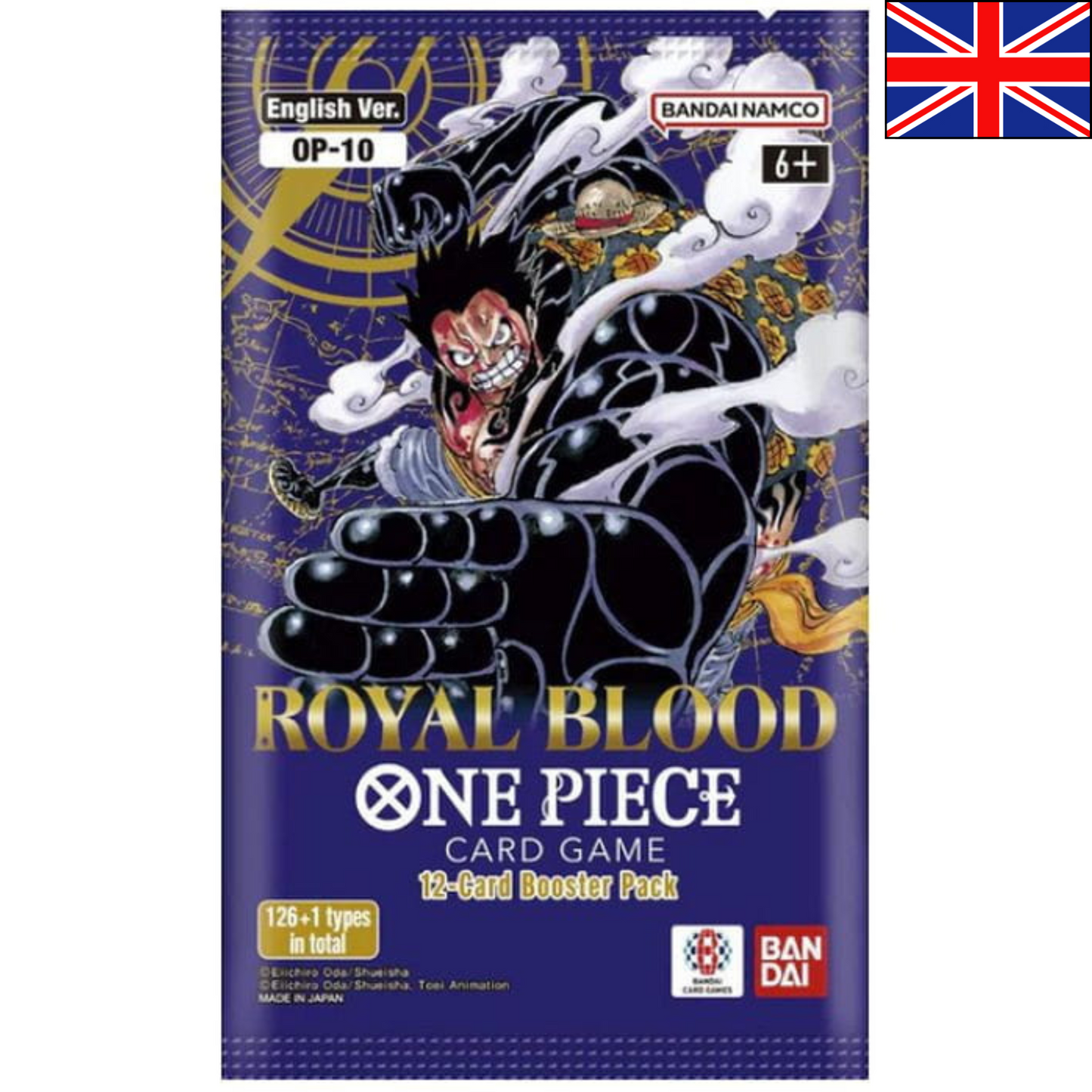 Booster anglais de One Piece OP10 Royal Blood avec Luffy sur un fond violet et doré.