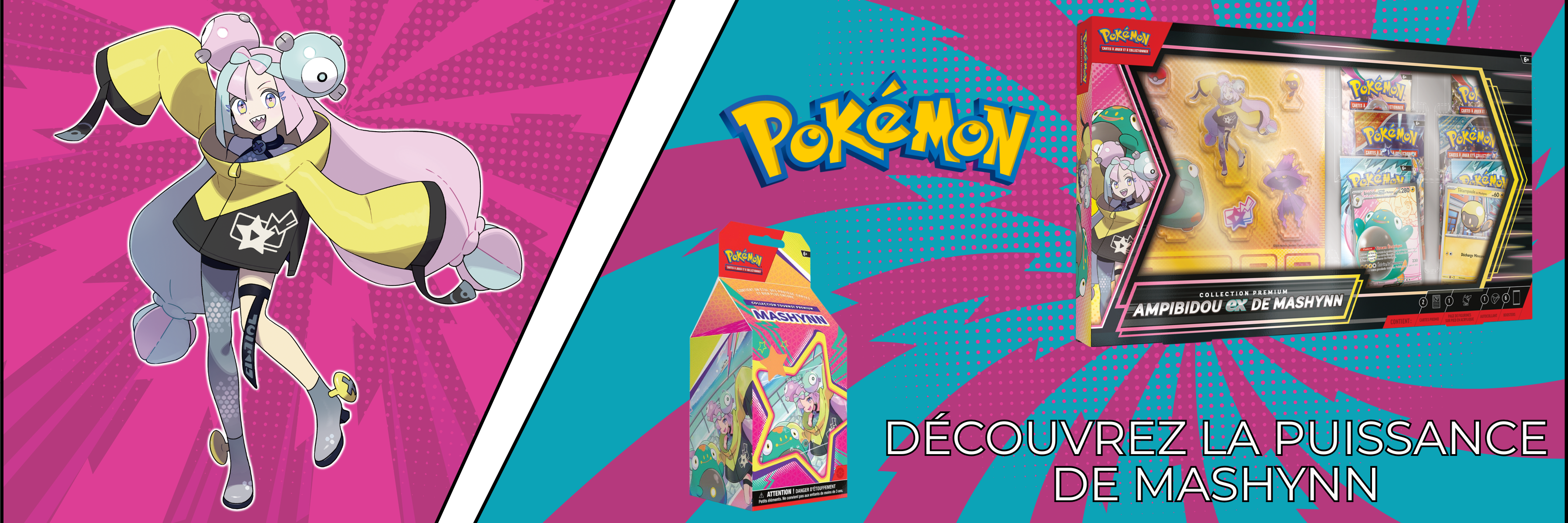 Banderole Pokémon mettant en avant la dresseuse Mashynn avec ses produits de collection, sur fond rose et bleu dynamique.