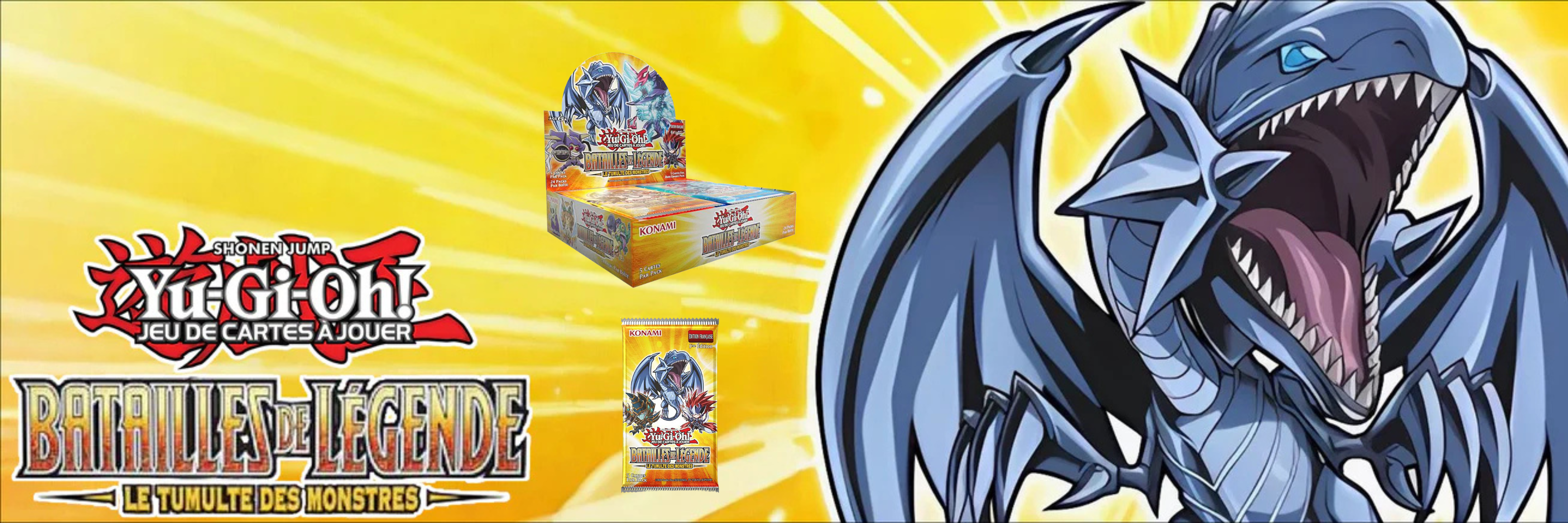 Visuel promotionnel Yu-Gi-Oh! Batailles de Légende : Le Tumulte des Monstres, sortie le 28 août 2025, affichant le monstre principal, un booster et une display officielle Konami.