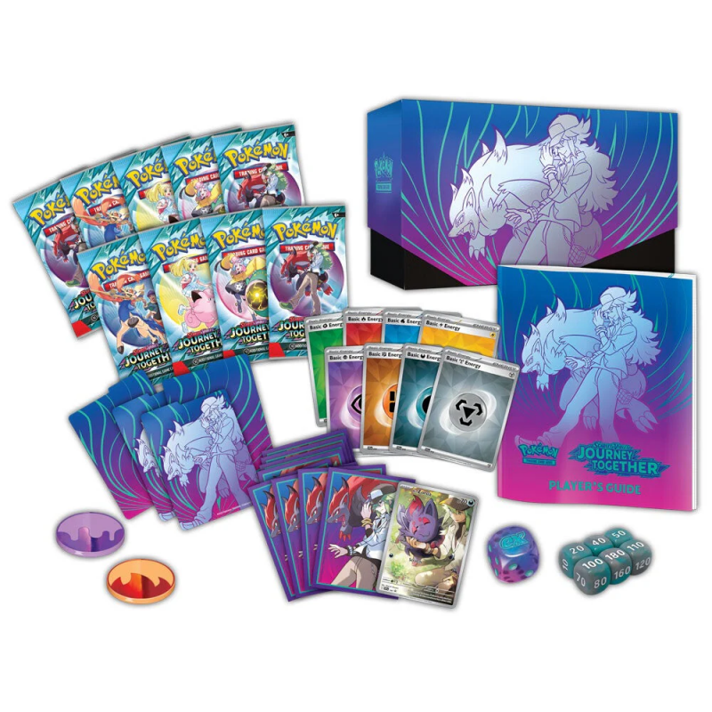 Contenu complet du coffret dresseur d’élite Aventures Ensemble avec boosters, cartes, accessoires et carte promo exclusive.
