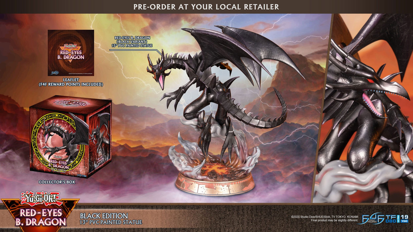 Figurine Yu-Gi-Oh! du Dragon Noir aux Yeux Rouges de First 4 Figures, mesurant 33 cm avec socle.