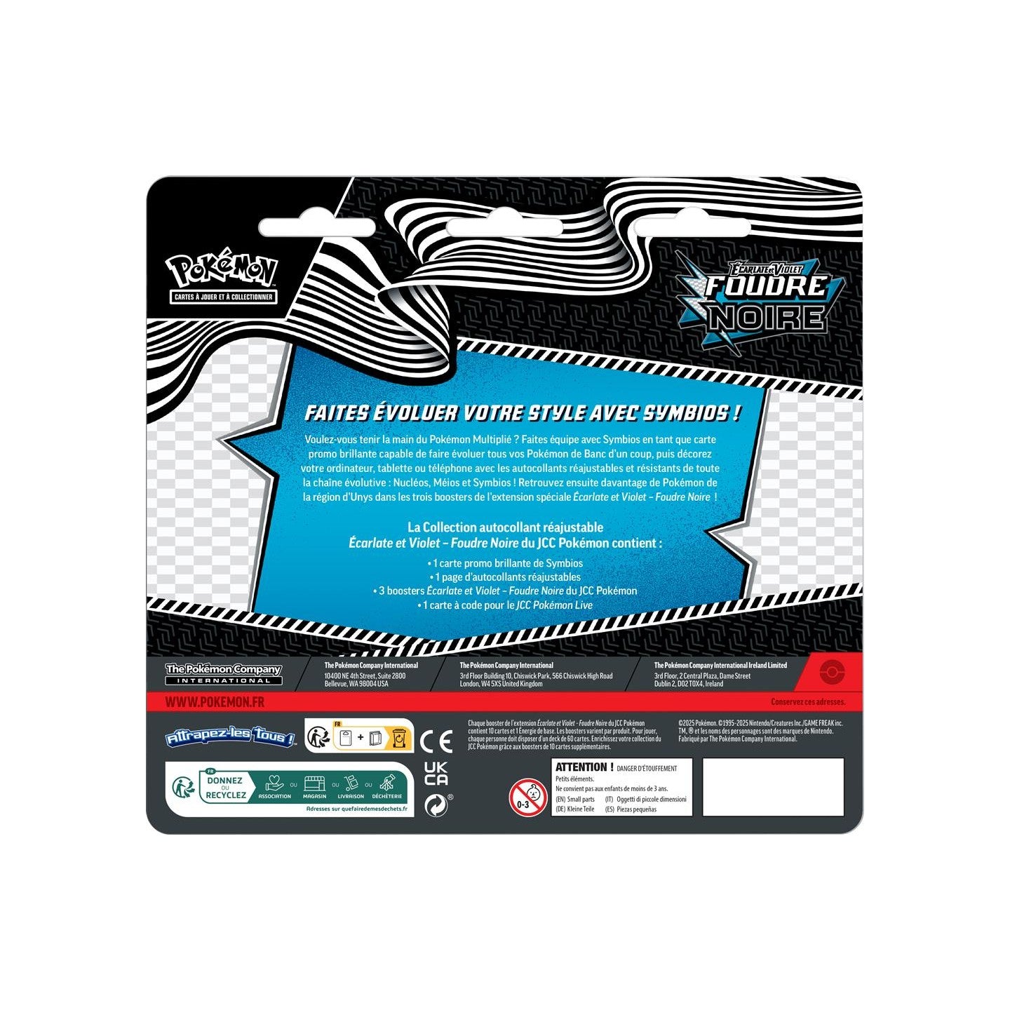 Tripack Pokémon EV10.5 Foudre Noire avec 3 boosters, une carte promo Symbios et un autocollant repositionnable.
