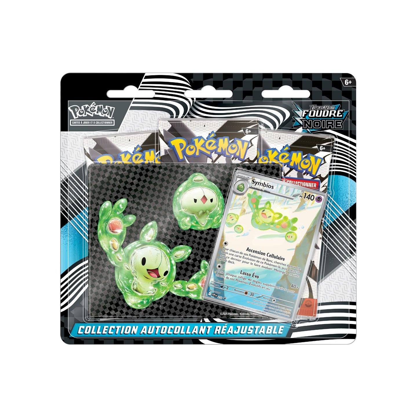 Tripack Pokémon EV10.5 Foudre Noire avec 3 boosters, une carte promo Symbios et un autocollant repositionnable.