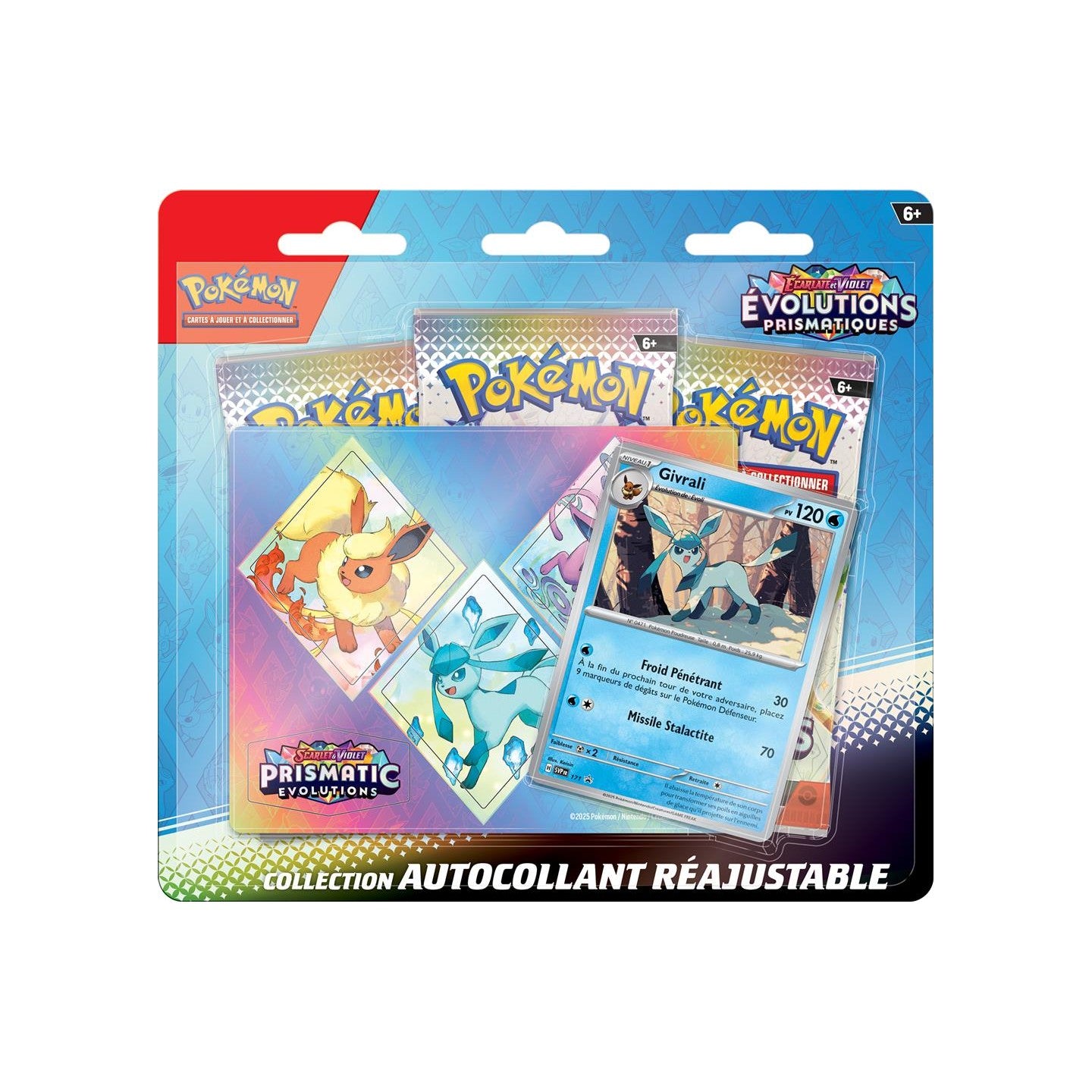 Tripack Pokémon Évolutions Prismatiques avec carte promo Givrali, autocollants réajustables et 3 boosters, modèle aléatoire.
