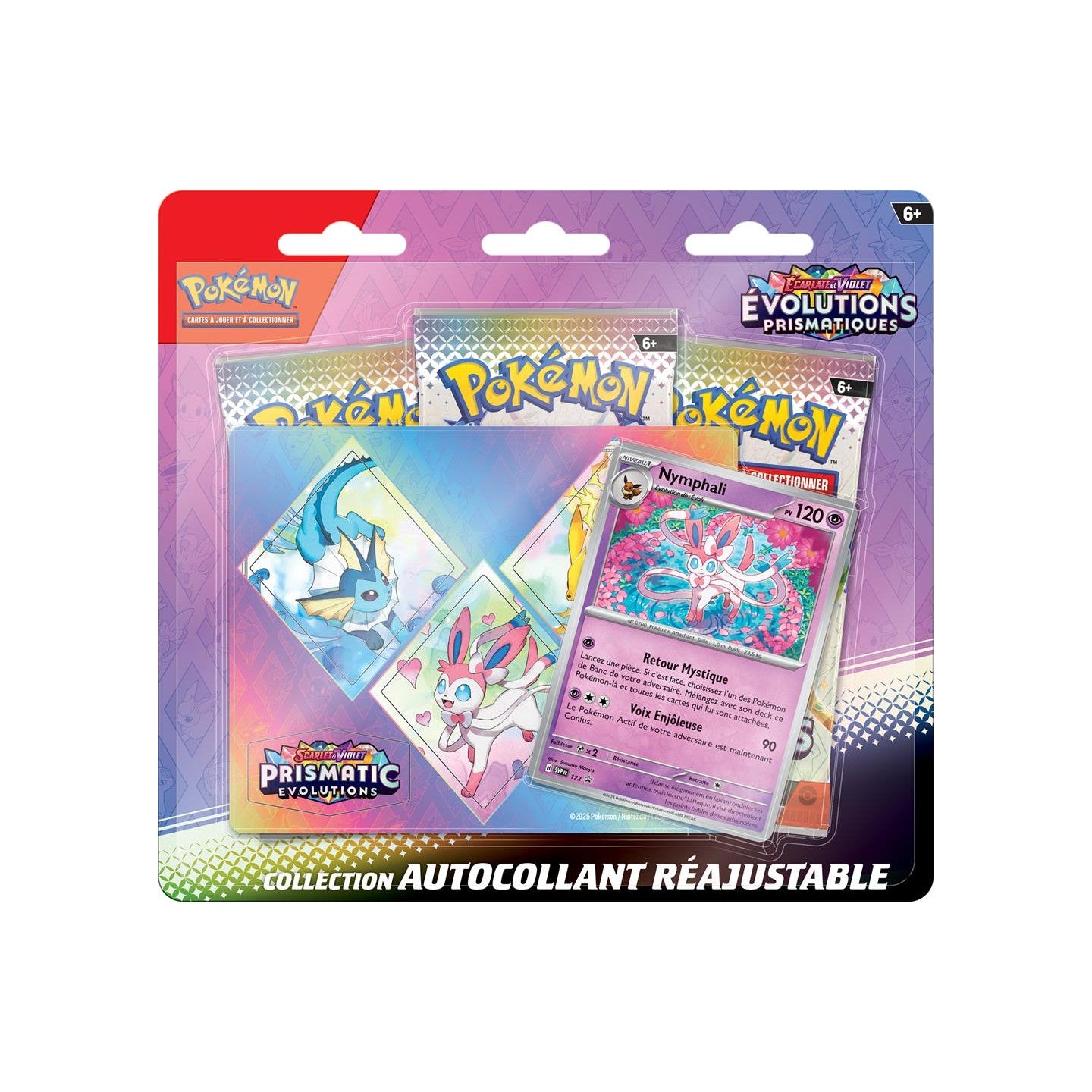 Tripack Pokémon Évolutions Prismatiques avec carte promo Nymphali, autocollants réajustables et 3 boosters, modèle aléatoire.