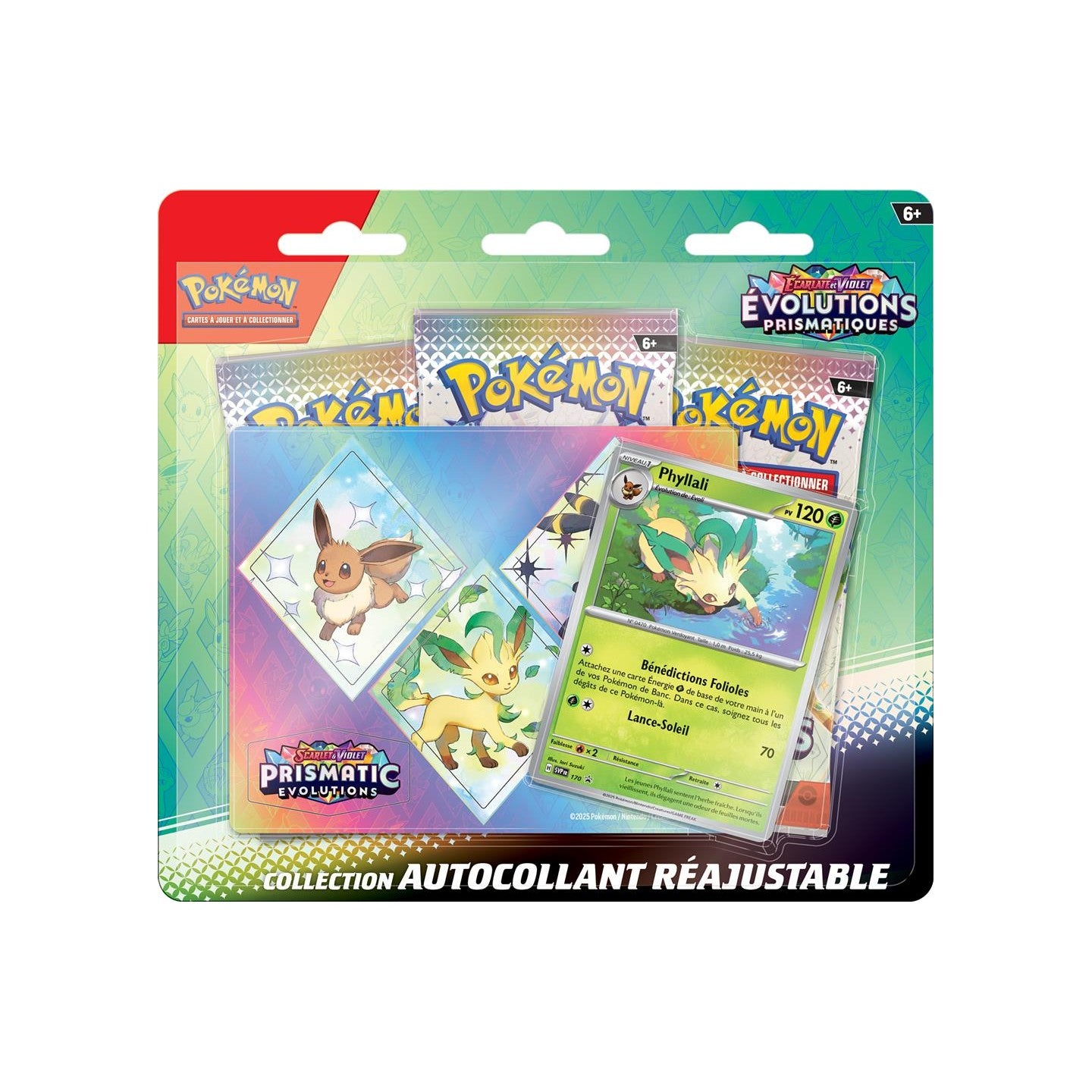 Tripack Pokémon Évolutions Prismatiques avec carte promo Phyllali, autocollants réajustables et 3 boosters, modèle aléatoire.