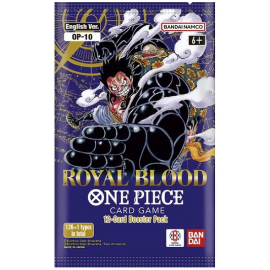 Booster anglais de One Piece OP10 Royal Blood avec Luffy sur un fond violet et doré.