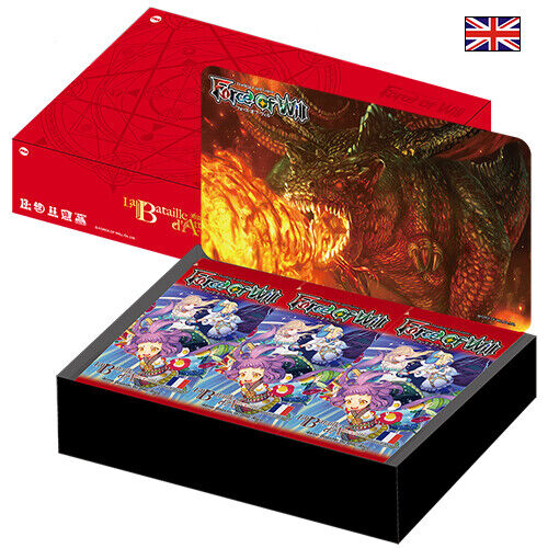 Display anglaise de boosters Force of Will Battle for Attoractia avec visuel dragon et cartes.
