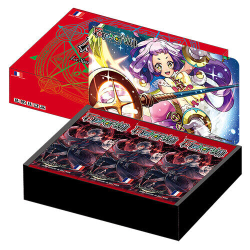 Display Force of Will La Sauveuse du Clair de Lune, version française avec visuel coloré de la boîte et des boosters.