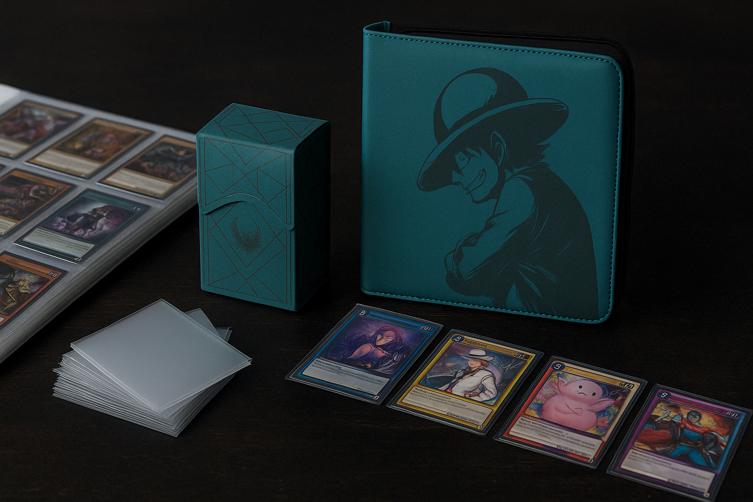 Photo réaliste d’accessoires de protection pour cartes de collection, incluant des sleeves, des deck box, des toploaders et des classeurs, présentés sur un fond neutre.