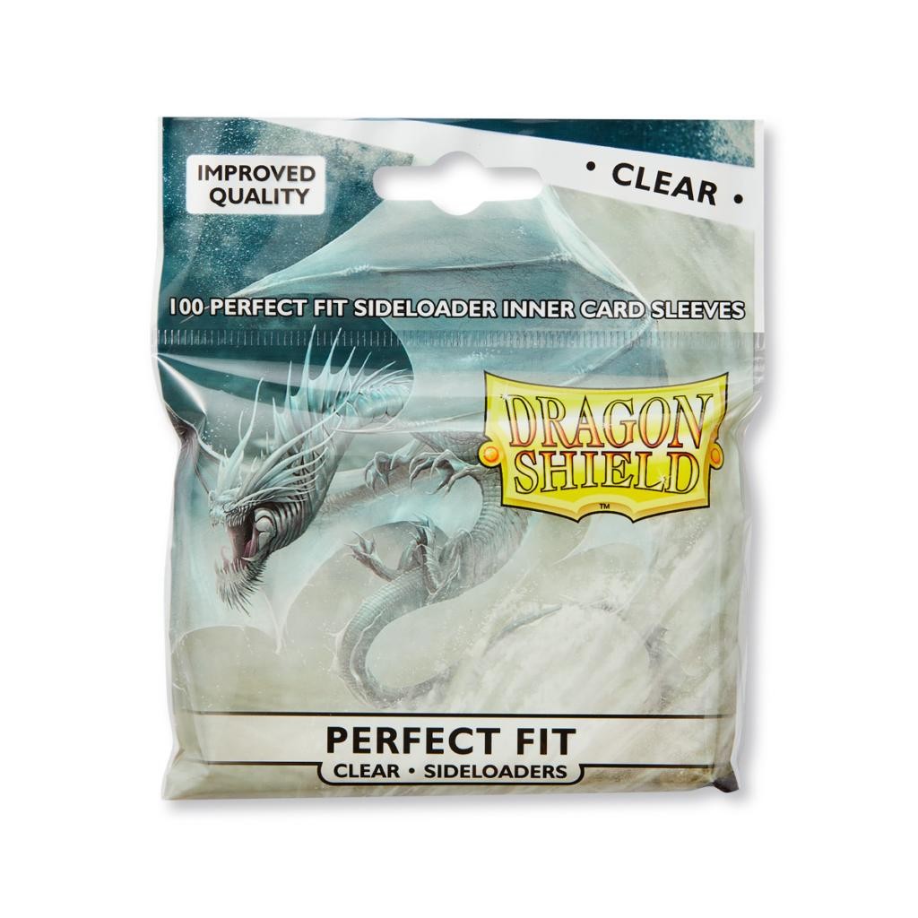 Paquet de 100 sleeves Dragon Shield Perfect Fit Sideloader Clear, protège-cartes transparents avec insertion latérale pour cartes standards.