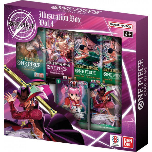 Illustration Box Vol.4 du One Piece Card Game – Contient 4 boosters (OP08, OP11, OP12) et 2 cartes promos de Perona et Dracule Mihawk – Version anglaise – Produit officiel Bandai.