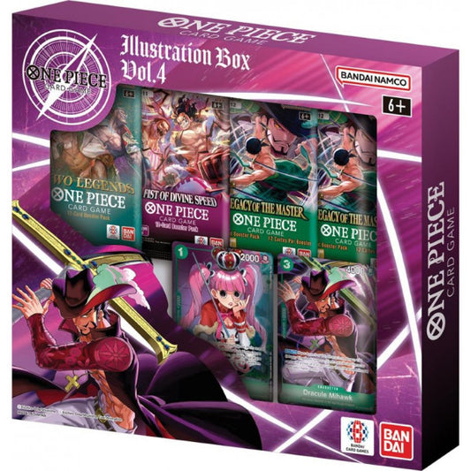 Illustration Box Vol.4 du One Piece Card Game – Contient 4 boosters (OP08, OP11, OP12) et 2 cartes promos de Perona et Dracule Mihawk – Version anglaise – Produit officiel Bandai.