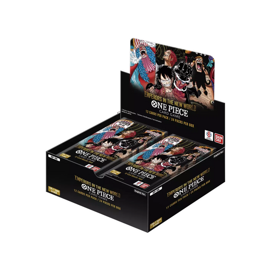 Image de la display One Piece Card Game - Emperors in the New World OP09 avec des illustrations de Luffy, Kaido, Shanks et Barbe Noire.