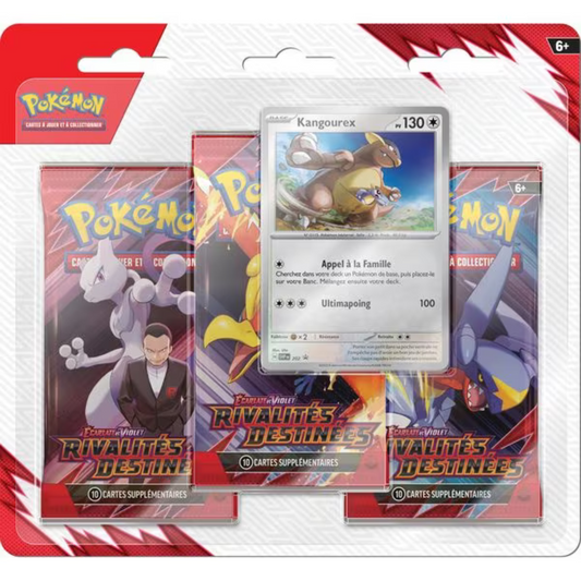 Photo du tripack Pokémon EV10 Rivalités Destinées avec carte promo et trois boosters.