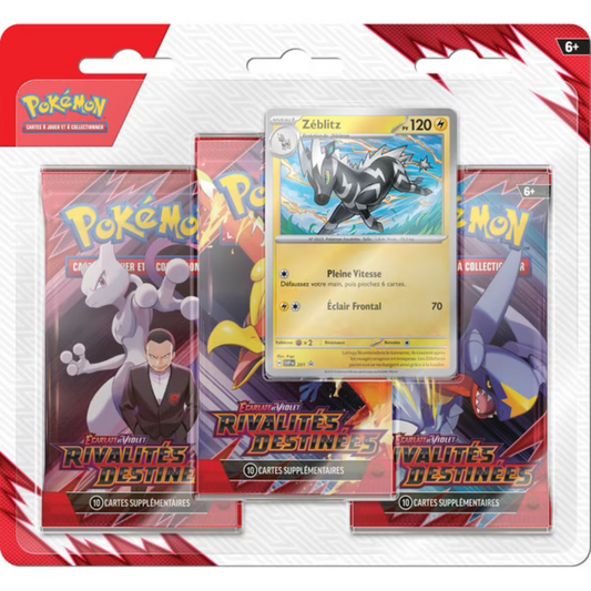 Photo du tripack Pokémon EV10 Rivalités Destinées avec carte promo et trois boosters.