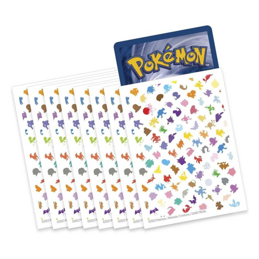 Lot de sleeves Pokémon édition 151 avec des silhouettes colorées de Pokémon emblématiques, parfaites pour protéger vos cartes.