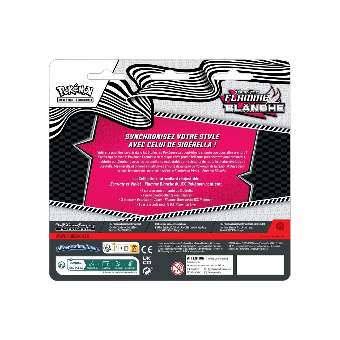 Tripack Pokémon EV10.5 Flamme Blanche avec 3 boosters, une carte promo Sidérella et un autocollant.