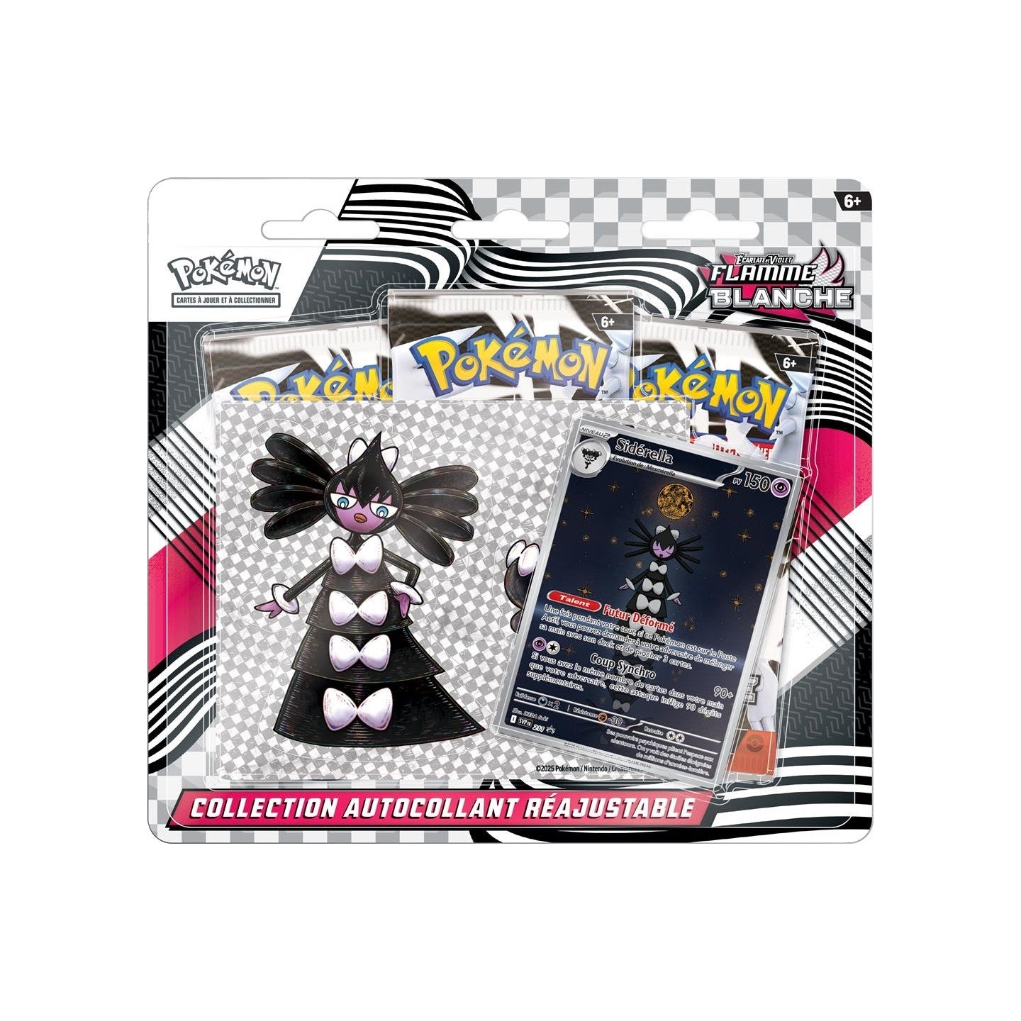 Tripack Pokémon EV10.5 Flamme Blanche avec 3 boosters, une carte promo Sidérella et un autocollant.