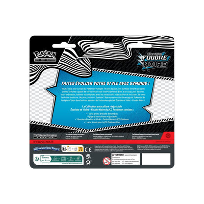 Tripack Pokémon EV10.5 Foudre Noire avec 3 boosters, une carte promo Symbios et un autocollant repositionnable.